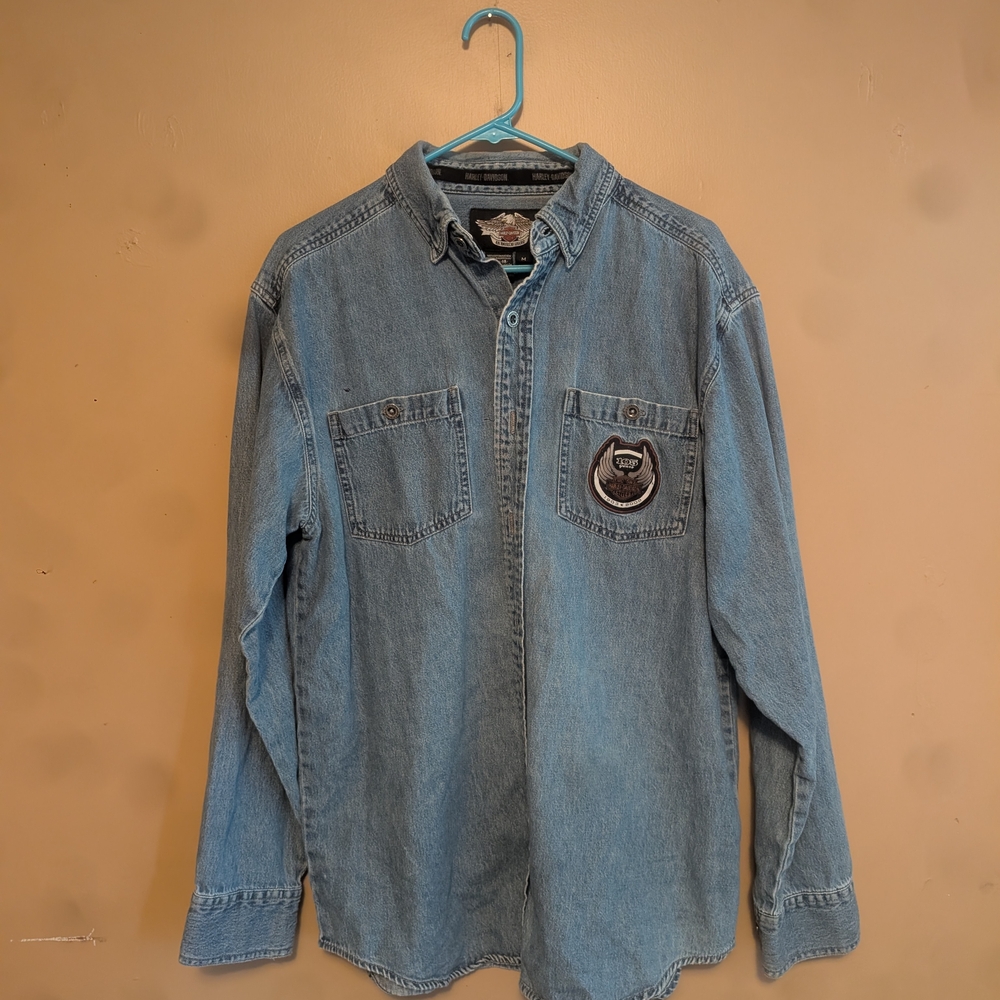 Harley-Davidson Light Blue Denim Button-Down Shirt with Patch